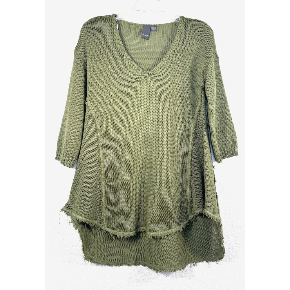 QUINN Olive Green Distressed Knit Sweater Medium V-Neck High-Low Boho cottage